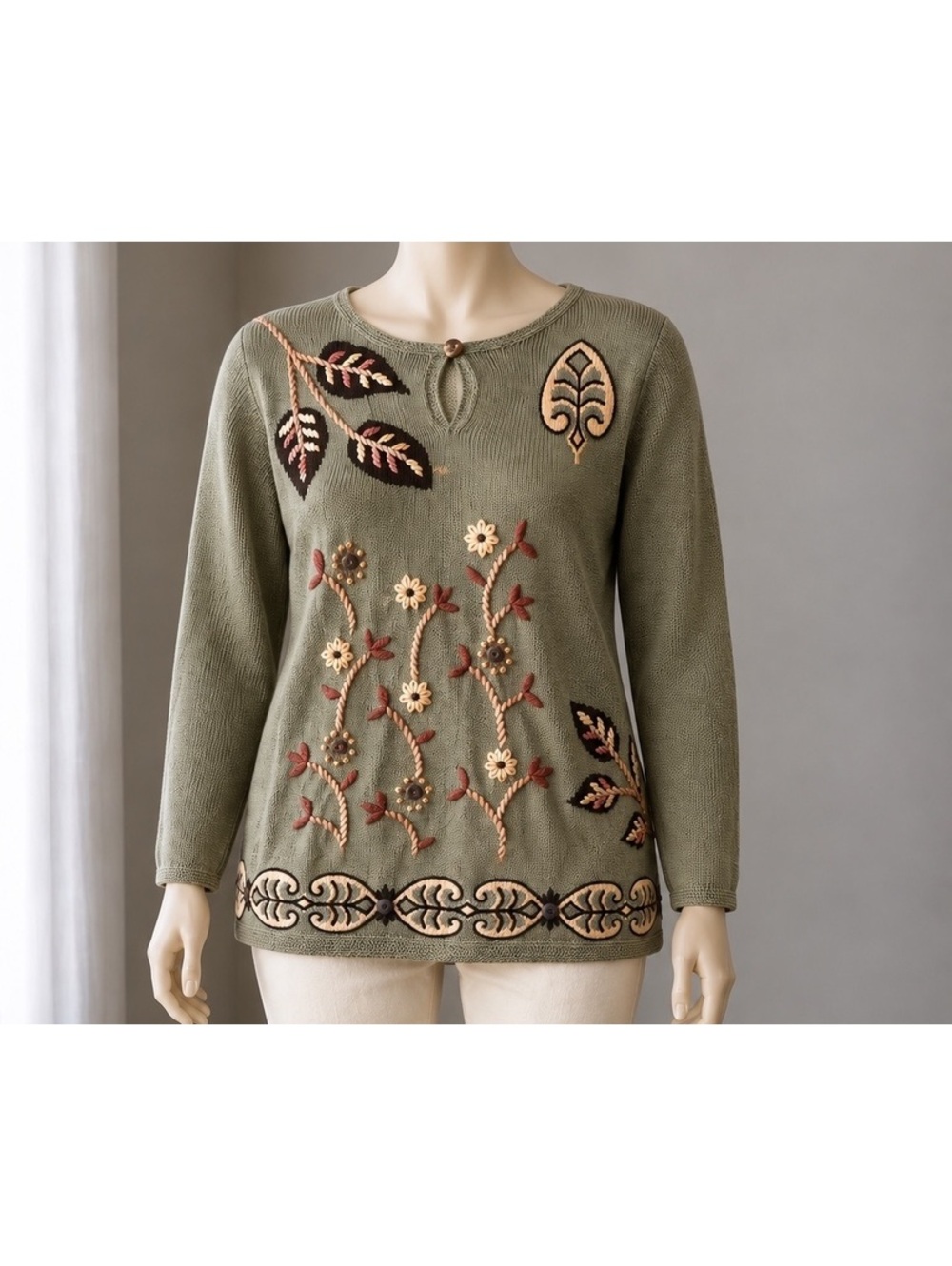 Vintage Koret Women’s L Embroidered Ramie Cotton Sweater Sage Green Floral 90s